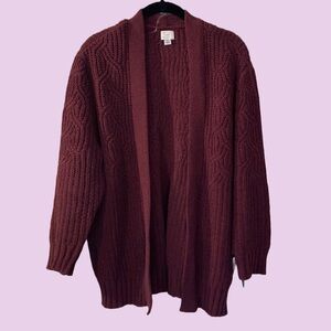 Womens burgundy open front sweater